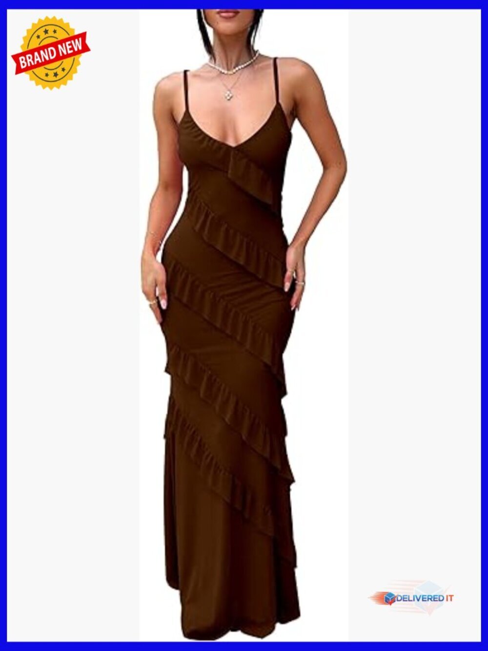Sexy V-Neck Backless Bodycon Maxi Cocktail Dress Spaghetti Strap Ruffle
